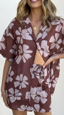 LILYWHYT Sets|Tops^Abilene Button Up Shirt - Brown Daylillies