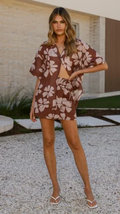 LILYWHYT Sets|Tops^Abilene Button Up Shirt - Brown Daylillies