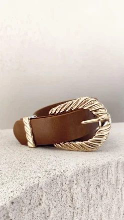 Angel Whisper Belts|The Denim Edit^Amelie Twist Buckle Belt - Brown/Gold