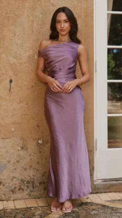 LILYWHYT Dresses|Bridesmaid^Auria Off Shoulder Maxi Dress - Plum
