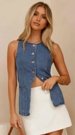 Burans The Denim Edit|Tops^Bailey Button Up Vest - Dark Denim