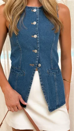 Burans The Denim Edit|Tops^Bailey Button Up Vest - Dark Denim