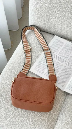 Adorne Bags|Bump Friendly^Bella Striped Webbing Camera Bag - Tan