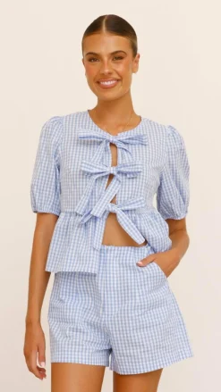 YH AND CO Tops^Belle Tie Front Shirt - Blue Check