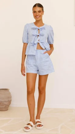 YH AND CO Tops^Belle Tie Front Shirt - Blue Check