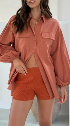 By Frankie Tops^Bianca Oversized Button Up Shirt - Rust