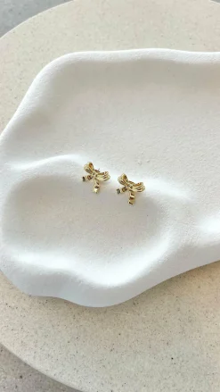 Angel Whisper Polo^Bow Stud 18K Gold Plated Earrings - Gold