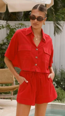 By Frankie Sets|Bottoms^Bridgette Cropped Shirt and Shorts Set - Red