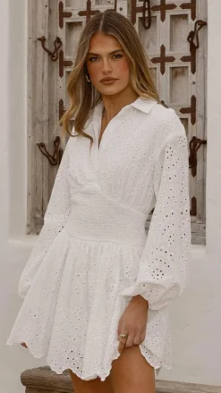 Sweet Acacia Dresses|Mini^Brittney Long Sleeve Mini Dress - White