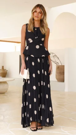 Main St Sets|Bottoms^Cambree Peplum Top and Maxi Skirt Set - Black / Beige Polka Dot