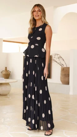 Main St Sets|Bottoms^Cambree Peplum Top and Maxi Skirt Set - Black / Beige Polka Dot