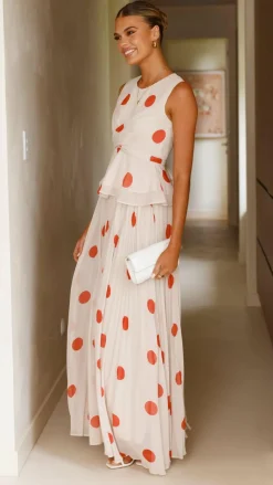 Main St Sets|Bottoms^Cambree Peplum Top and Maxi Skirt Set - Beige / Red Polka Dot