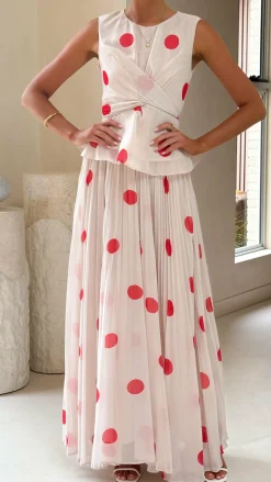 Main St Sets|Bottoms^Cambree Peplum Top and Maxi Skirt Set - Beige / Red Polka Dot