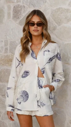 Burans Sets|Tops^Candelaria Button Up Shirt and Shorts Set - Shell Print