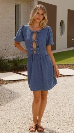 Main St Sale Dresses^Cantara Tie Front Mini Dress - Mid Blue Denim