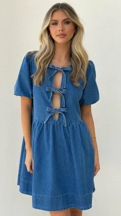 Main St Sale Dresses^Cantara Tie Front Mini Dress - Mid Blue Denim