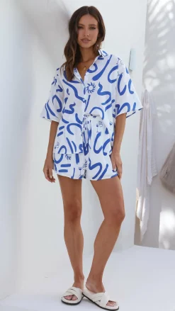 By Frankie Sets|Bottoms^Charli Button Up Shirt and Shorts Set - White/Blue Swirl