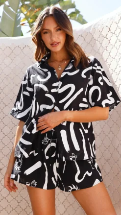 By Frankie Sets|Bottoms^Charli Button Up Shirt and Shorts Set - Black/White