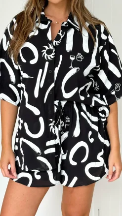 By Frankie Sets|Bottoms^Charli Button Up Shirt and Shorts Set - Black/White