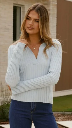 My Girl Knit Tops|Knitwear^Corbin Collared Knit Top - Blue