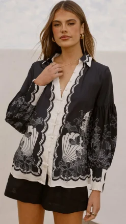 Bubblegum Tops^Dakota Long Sleeve Blouse - Cream/Black