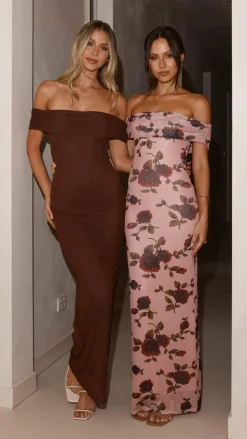 Pink Diamond Dresses|Maxi^Darcey Off Shoulder Maxi Dress - Brown
