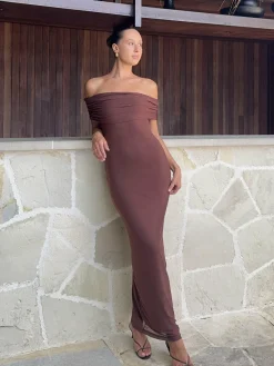 Pink Diamond Dresses|Maxi^Darcey Off Shoulder Maxi Dress - Brown