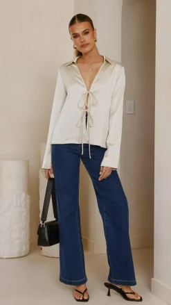 KOLI Tops^Darielle Tie Front Long Sleeve Top - Champagne