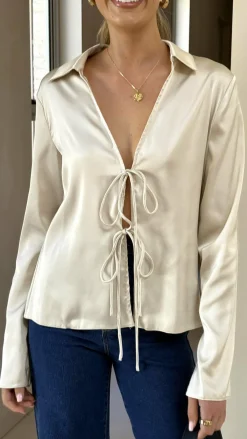 KOLI Tops^Darielle Tie Front Long Sleeve Top - Champagne