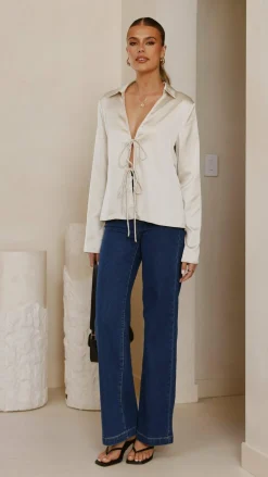 KOLI Tops^Darielle Tie Front Long Sleeve Top - Champagne