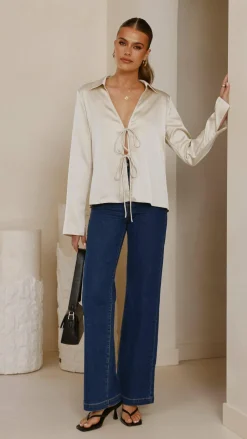 KOLI Tops^Darielle Tie Front Long Sleeve Top - Champagne