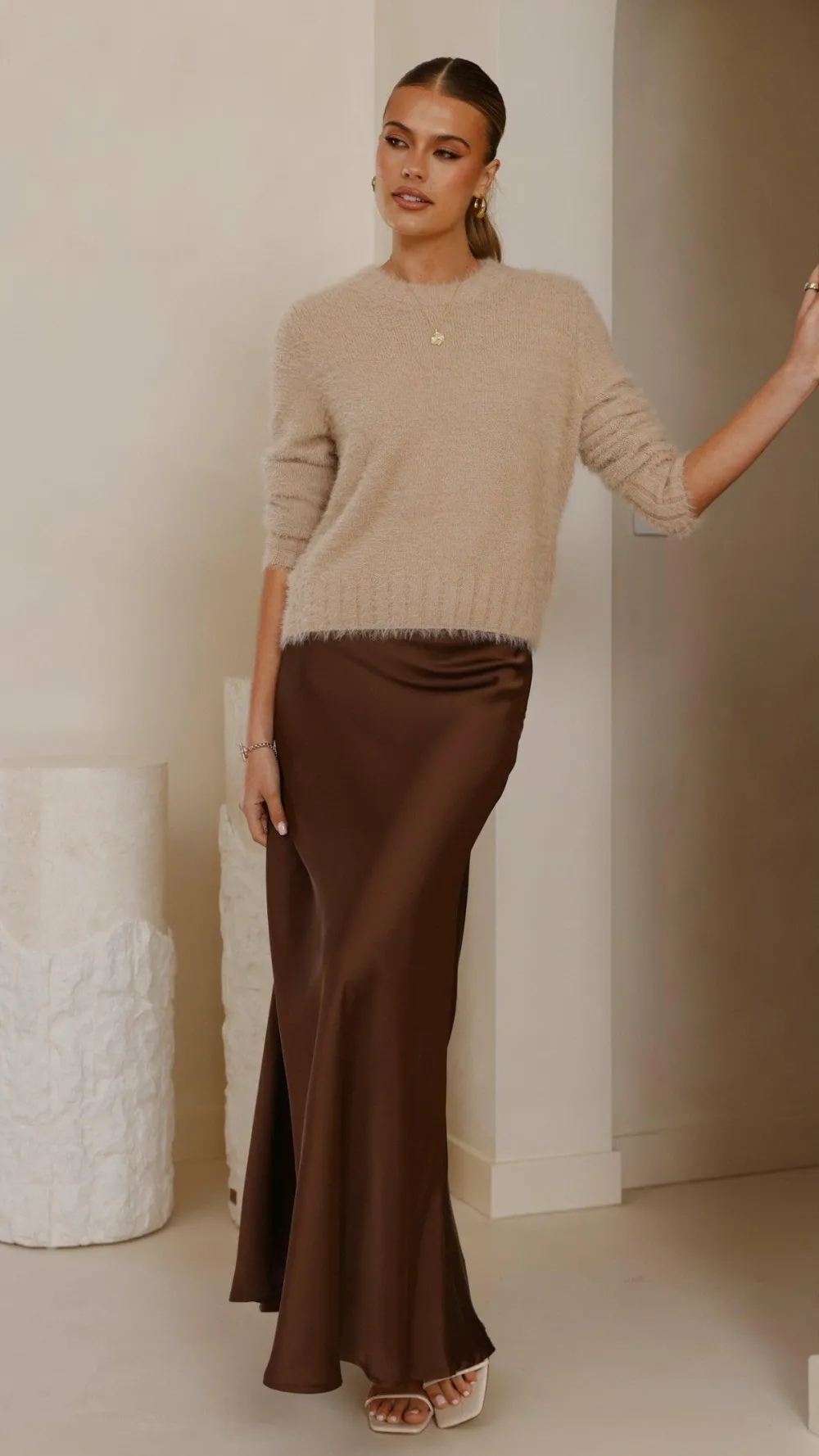 KOLI Bottoms^Darina Bias Cut Maxi Skirt - Chocolate