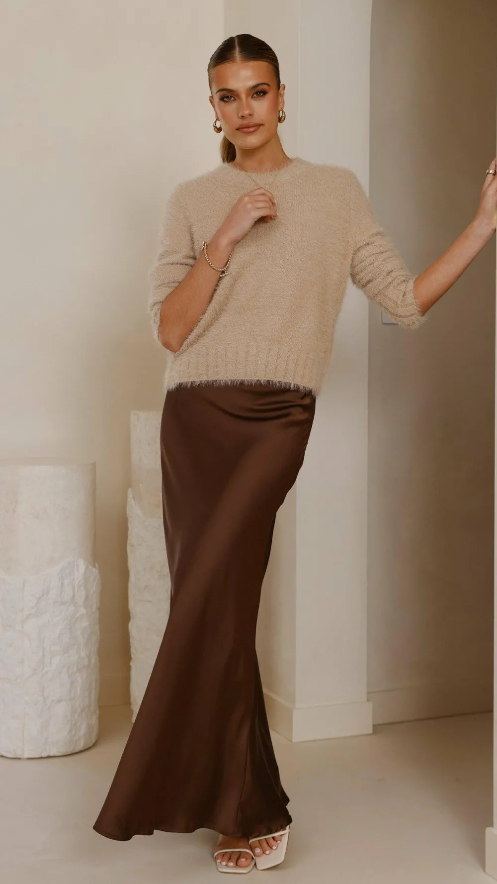 KOLI Bottoms^Darina Bias Cut Maxi Skirt - Chocolate