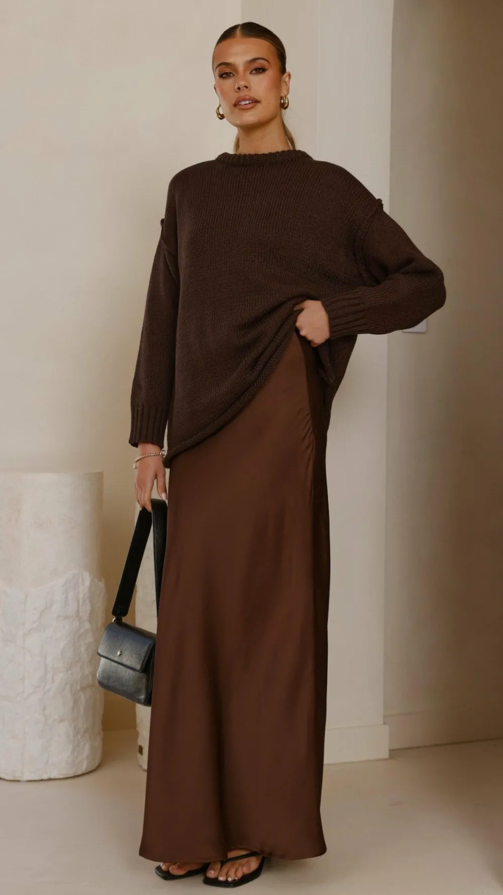 KOLI Bottoms^Darina Bias Cut Maxi Skirt - Chocolate