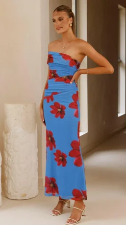 SASHA (BNE) Dresses|Maxi^Eisa One Shoulder Maxi Dress - Blue / Red Floral
