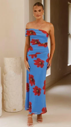 SASHA (BNE) Dresses|Maxi^Eisa One Shoulder Maxi Dress - Blue / Red Floral