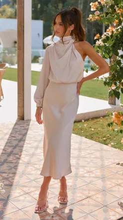 Alive Girl Sale Evening|Sale Dresses^Esther One Shoulder Long Sleeve Dress - Champagne