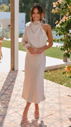 Alive Girl Sale Evening|Sale Dresses^Esther One Shoulder Long Sleeve Dress - Champagne