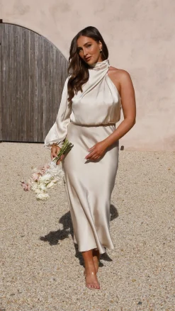 Alive Girl Sale Evening|Sale Dresses^Esther One Shoulder Long Sleeve Dress - Champagne