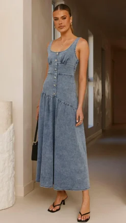 LILYWHYT The Denim Edit|Dresses^Generosa Button Front Maxi Dress - Mid Blue Denim