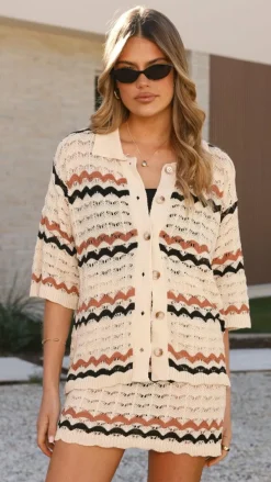 Pink Diamond Knit Tops|Knitwear^Greta Button Up Shirt - Natural Stripe