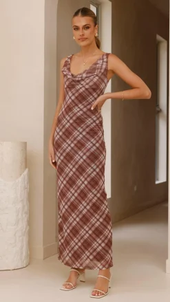 Pink Diamond Dresses|Maxi^Harena Off Shoulder Maxi Dress - Brown Plaid Print