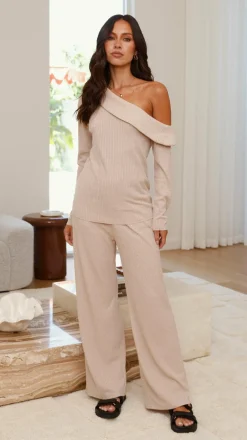 By Frankie Knit Tops|Knitwear^Harini Off Shoulder Long Sleeve Top and Pants Set - Taupe