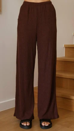 By Frankie Knit Tops|Knitwear^Harini Off Shoulder Long Sleeve Top and Pants Set - Chocolate