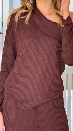 By Frankie Knit Tops|Knitwear^Harini Off Shoulder Long Sleeve Top and Pants Set - Chocolate