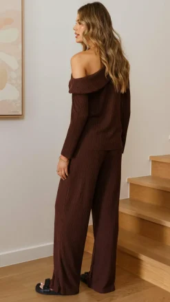 By Frankie Knit Tops|Knitwear^Harini Off Shoulder Long Sleeve Top and Pants Set - Chocolate
