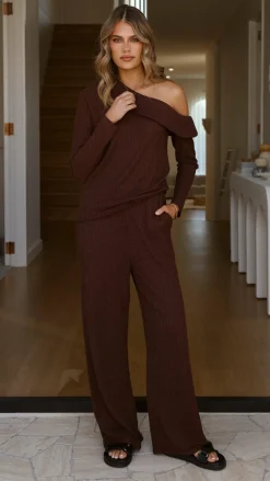 By Frankie Knit Tops|Knitwear^Harini Off Shoulder Long Sleeve Top and Pants Set - Chocolate
