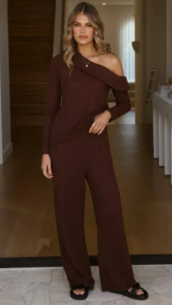By Frankie Knit Tops|Knitwear^Harini Off Shoulder Long Sleeve Top and Pants Set - Chocolate