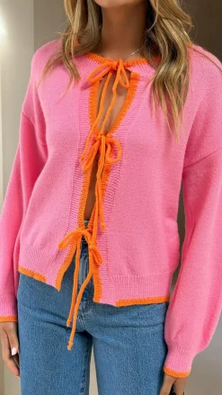 By Frankie Knit Tops|Knitwear^Hazina Tie Long Sleeve Knit Top - Pink / Orange
