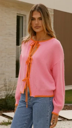 By Frankie Knit Tops|Knitwear^Hazina Tie Long Sleeve Knit Top - Pink / Orange